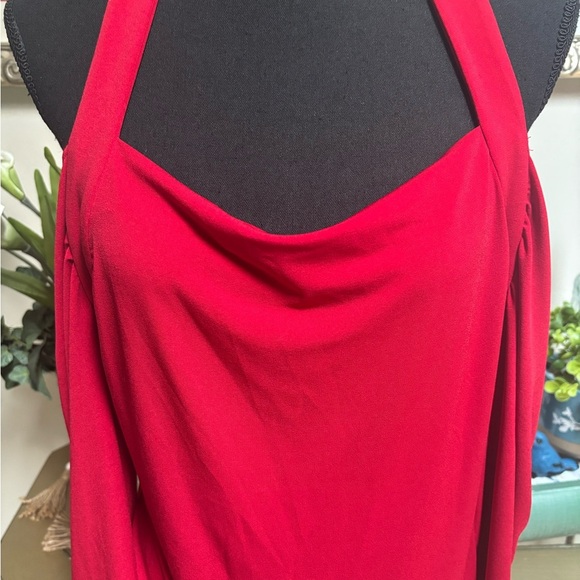 JOSEPH RIBKOFF Red Off The Shoulder Halter Style Blouse Drape Neck Top Sz 16 - Picture 9 of 11
